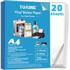 TOJUNE Carta Adesiva in Vinile Stampabile per Stampanti a Getto D'inchiostro E Laser, A4-21x29.7 cm, Impermeabile, Taglio Arbitrario, Retro Adesivo, Bianco Opaco (20 Fogli)
