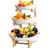 Aurobest 3 Piani Cesto Frutta con Supporto Legno Bambù Naturale, Porta Frutta Ceramica con 8 Viti, Portafrutta Ripiani Moderna, Cestino Fruttiera Famiglia per Verdura, Dolci, Caramelle, Snack (Bianco)