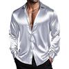 Barry.Wang Camicie da uomo a maniche lunghe, elasticizzate, tinta unita, con bottoni, in raso, formale, casual, business, festa di nozze, Grigio Argento Satinato, XL