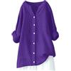 Generic Estate da donna oversize in lino cotone top manica lunga tinta unita garza 2025 camicie casual scollo a V manica a 3/4 trendy alta bassa tunica asimmetrica frangia western donna primavera, Viola, L