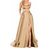 DSAoTeng Abito da sposa da donna, abito estivo con spalle scoperte in raso con spacco per damigella d'onore, con tasche, spalline sottili, linea A, abito da sera formale, B-beige., S