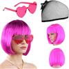 GIEEU Bob Parrucca corta,Parrucca rosa fluo,Peruque Rossa Parrucca Partyrama Parrucca e Occhiali da Sole per le Donne, Parrucca Cosplay Colorata per la Festa