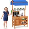 GYMAX Banco da Giardinaggio per Bambini, Cucina da Gioco in Legno con Tetto Regolabile, Lavello, 4 Vasi, Ripiano e Cassetto, Lavagna, Banco da Lavoro per Piantare, 136x77x56.5cm