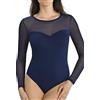 Teyli Body donna con maniche lunghe e scollo in rete - intimo elegante e elastico che si adatta perfettamente alla silhouette. Nero XL