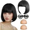 GWAWG Parrucca nera da donna, corta con retina per capelli e occhiali colorati, nera Bob Wigs, parrucca corta da donna