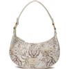 Braccialini Jacquard Borsa a spalla a forma di mezzaluna, di colore beige realizzato in tessuto ricamato con fiori, piante e leoni, con dettagli in similpelle. Un manico singolo, chiusura zip e