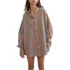 FeMereina Completo da donna a righe in 2 pezzi, camicia a maniche lunghe rilassata a vita alta, pantaloncini con tasca laterale Y2K Streetwear, Marrone chiaro, L