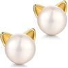 Miaofu Orecchini a forma di gatto, in argento Sterling 925 placcato oro bianco 18 carati, orecchini con perle di gatto ipoallergenici, gioielli sottili per donne e donne, in argento Sterling, perla,
