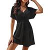 Satohom Donna Midi Scollo a V Vestito Plissettato Casual Vita Elastico Tinta Unita Maniche Corte Vestiti, Elegante Gonna di Media Lunghezza Estate Cocktail Evening Party Abiti Sera S-L
