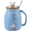 Sharemee - Tazza in ceramica con gatto carino con cucchiaio e coperchio tridimensionale in legno, tazza da caffè, tazza da tè, tazza da latte per presente, 450 ml, colore: blu
