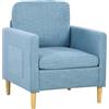 HOMCOM Poltrona relax con 2 tasche laterali, braccioli imbottiti e gambe in legno, divano singolo moderno, per camera da letto, 73 x 79 x 87 cm, azzurro