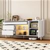 BNUZ Credenza moderna con 2 ante a forma di vuoto, credenza con ante scorrevoli in vetro e illuminazione a LED, cassettiera autoportante in legno, bianco, B140/D38/H76