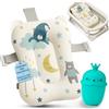 BABYBEBLOO Cuscino per Vasca da Bagno Neonato con Brocca - Riduttore Vaschetta Bagnetto - Supporto Morbido Universale - Materassino Antiscivolo per Neonati Bambino (Bianco Blu)