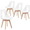 IPOTIUS Set di 4 Sedie Scandinave da Pranzo con Schienale Trasparente e Gambe in Faggio, Design Nordico Classico per Cucina/Ufficio/Giardino con Cuscino in Pelle Bianca