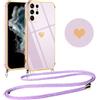 Vauki Cover con Cordino per Samsung Galaxy S22 Ultra 5G, Silicone Custodia Cuore amore Elettrolitico con Laccio Collana Tracolla TPU Antigraffio Proteggere Case Corda per Samsung S22 Ultra 5G, Viola