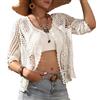 SMDPPWDBB Cardigan da donna in pizzo floreale all'uncinetto, copertura da spiaggia, kimono lungo con mezze maniche, Bianco-A., Taglia Unica