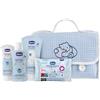 CHICCO Natural Sensation, Set per Cambio Pannolino e Bagnetto con Beauty Case in Cotone, Bagno Shampoo Senza Lacrime 200 ml, Crema Corpo 150 ml, Pasta Lenitiva 100 ml, Salviette Detergenti, Azzurro