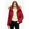 Superdry per donna. W5011754A Giacca imbottita con cappuccio in pelliccia sintetica Fuji rossa [3189375], Rosso, Casual, Polister riciclato,
