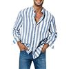 Generisch Camicia a righe da uomo blu bianca con risvolto camicia da spiaggia da uomo estiva da uomo alla moda a righe lino fibbia tasca colletto manica lunga camicia top camicia camicia da esterno, Blu chiaro,