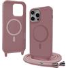 Bigcousin Magnetica Cover con Cordino per iPhone 15 Pro,[Compatibile con MagSafe], Cover in Silicone, Regolabile Cordino da Collo Nylon Catena Collana Tracolla,Rosa Gold