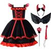 ReliBeauty Costume Diavolo Bambina Halloween Carnevale con Copricapo, Ali, Coda, Forchetta 4-5 Anni(100cm)