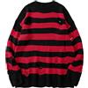 FAWHEWX Maglione a Righe Rosse Nere da Uomo Pullover Lavorato a Maglia Strappato Oversize Coppia Inverno Allentato Pullover Lavorato a Maglia Moda Coreana Maglione a Righe Casual(Un Rosso/XL)
