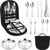 TOSAVGA Set di stoviglie da campeggio per 2 persone, 12 pezzi, in acciaio inox, set di posate da campeggio con cucchiaio, forchetta, coltello, fermagli, stoviglie per esterni, per campeggio, picnic, barbecue
