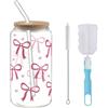 XINGNA Bicchiere con coperchio e cannuccia, bicchieri con coperchio e cannuccia, vetro iced caffè, bicchieri da cocktail, versatili, per frullati, caffè, cocktail (fiocco a cuore rosa, 16 oz)