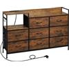 WOLTU Cassettiera a 8 Cassetti in Tessuto, Cassettiera per Camera da Letto, con Sezione di Ricarica e Ganci, Piani Legno e Struttura in Metallo, Rovere Vintage+Nero
