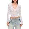 Caziffer Top corto da donna in pizzo con scollo a V fata grunge vedere attraverso maglia pura maglietta punk slim fit camicia a maniche lunghe, B bianco, L