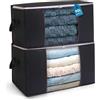 AIOR 2pcs Scatole per Armadio Salvaspazio, 90L Grande Capacità Borsa Porta Abiti con Finestra Trasparente, Pieghevole Traspirante Organizzatore Borsa per Trapunte, Coperte, Biancheria da Letto (Nero)