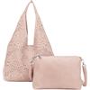 ANGELO Set di Borsa da Donna in Ecopelle, Hobo Bag a Spalla Traforata, Tote a Sacca con Pochette a Tracolla Regolabile, Elegante Capiente per Uso Quotidiano, Lavoro, Shopping, Università (Rosa)