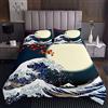 Homemissing Set copriletto trapuntato in stile giapponese Hokusai giapponese, motivo a onde blu, per bambini, montagna Fuji, 3 pezzi, per letto king size
