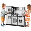 HOMASIS Cucina Giocattolo per Bambini in Legno, Cucinetta per Bambino con Rubinetto, Lavatrice, Forno a Microonde e Fornello a Gas Sonoro e Luminoso, Cucina per Bambini da 3+ Anni (Modello 2, Nero)