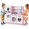 HOMASIS Cucina Giocattolo per Bambini in Legno, Cucinetta per Bambino con Rubinetto, Lavatrice, Forno a Microonde e Fornello a Gas Sonoro e Luminoso, Cucina per Bambini da 3+ Anni (Modello 2, Rosa)