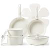 CAROTE Set di pentole bianche atossiche da 15 pezzi, con manici rimovibili, compatibili con induzione, pentole e padelle impilabili, salvaspazio, per campeggio, camper, piccola cucina