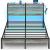 Rolanstar Struttura letto con LED, letto in metallo con stazione di ricarica USB e testata in legno con spazio di archiviazione (Marrone, 140 x 200 cm)