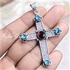 Fatto a mano Bellissimo ciondolo croce in argento sterling 925 con topazio blu e granato r...