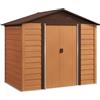 Outsunny Casetta da Giardino 4.07m² in Acciaio Zincato con Fori di Drenaggio Prese d'Aria, Capanno Porta Attrezzi con Tetto Inclinato, Doppie Porte Scorrevoli Bloccabili, Design Effetto Legno, Marrone