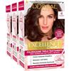 L'OREAL PARIS L'Oréal Paris Tinta Permanente Excellence Creme 4 Castano Colorazione Triplo Trattamento Copre 100% dei Capelli Bianchi Lunga Durata con Acido Ialuronico - 3 Tinte