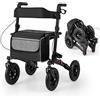 COSTWAY Deambulatore Pieghevole per Anziani in Alluminio, Rollator Regolabile in Altezza con Seduta, Schienale e Freni, Girello per Anziani con Borsetta, Carico Massimo 140 kg (Nero)