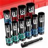 Aurlloct Set Bussole a Impatto 1/2, 11 pezzi Bussole Lunghe, 10-24mm Bussole a Impulsi Profondo con 1/4 a 1/2 Adattatori per Bussola, para Riparazioni Auto Cambio Gomme