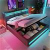 VICONELISE Letto Matrimoniale con Contenitore 140x200 cm con Spazio e Rete a Doghe, Imbottito con Vano Portaoggetti e Testiera, Letto Una Piazza e Mezza con LED e USB Tipo C