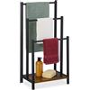 Relaxdays Portasciugamani a 3 Bracci e Ripiano, Piantana Bagno, 80x40x28 cm, Porta Asciugamani Ferro e MDF, Nero Marrone