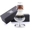Haryali London Set di pennelli da barba sostenibili, pennelli da barba in legno e acciaio inox, pennello da barba sintetico, supporto per rasoio in acciaio inox, supporto per pennello da barba