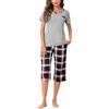 Bresdk Pigiama Donna Estivo Cotone Manica Corta Pigiami Due Pezzi da Donna V Camicia a Maniche Corte e 3/4 Pantalone a Quadri Pigiami Set