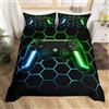 Tabeskly Gioco Gamepad Esagono Geometrico Ragazzi Sacco Copripiumino Matrimoniale Bambino Piumino Matrimoniali Letto Set Verde Nero 200x200cm