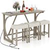 COSTWAY Set 4 Pezzi Tavolo e 3 Sgabello da Bar con 2 Prese di Corrente e 2 Porte USB Tipo-A, Tavolo da Pranzo e Colazione in Legno di Gomma con Gambe a Curva, Set Sedie con Sedile Morbide, Beige
