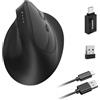 Wowssyo Mouse wireless ergonomico 3 modalità [Bluetooth 5.2, 2.4G, cablato] Wireless verticale, mouse ricaricabile senza fili 1200/1600/2400/3200/6400/9600 DPI, batteria ricaricabile, 6 tasti, PC/Mac nero