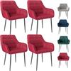 Eccellensedie Set di 4 sedie da cucina moderne, comode e confortevoli, in velluto con braccioli e piedini in metallo (4, rosso)